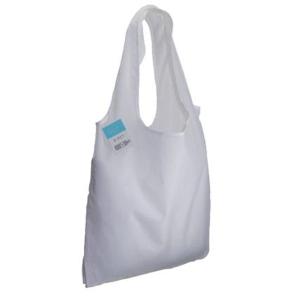 shopper ripiegabili in RPET bianco, senza logo o personalizzabili con grafica a scelta.