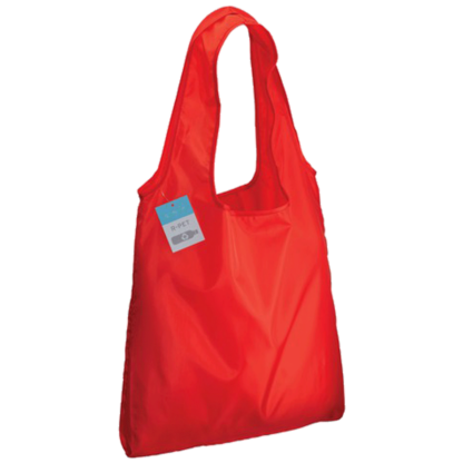 shopper ripiegabili in RPET rosso, senza logo o personalizzabili con grafica a scelta.